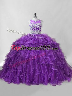 Sexy Purple Organza Zipper Scoop Sleeveless 15th Birthday Dress Brush Train Beading and Ruffles
