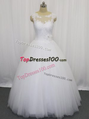 Trendy Sleeveless Clasp Handle Floor Length Beading and Lace and Hand Made Flower Wedding Dresses