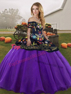 Purple Ball Gowns Off The Shoulder Sleeveless Tulle Floor Length Lace Up Embroidery Ball Gown Prom Dress