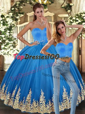 Classical Baby Blue Two Pieces Tulle Sweetheart Sleeveless Embroidery Floor Length Lace Up 15 Quinceanera Dress