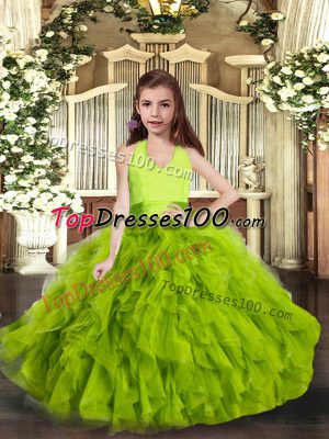 Green Sleeveless Tulle Lace Up Little Girls Pageant Gowns for Party and Wedding Party