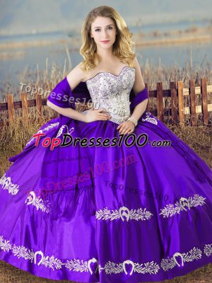 Eggplant Purple Ball Gowns Beading and Embroidery Quince Ball Gowns Lace Up Satin Sleeveless Floor Length