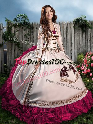 Trendy Sweetheart Sleeveless Quinceanera Dresses Floor Length Embroidery and Ruffles Hot Pink Satin