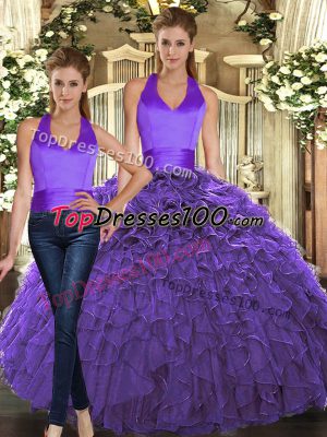 Low Price Purple Two Pieces Ruffles Sweet 16 Quinceanera Dress Lace Up Organza Sleeveless Floor Length