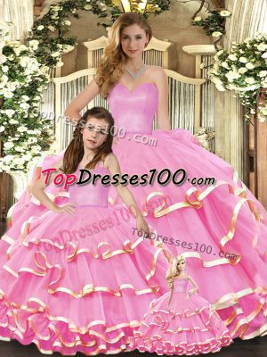 Nice Ruffled Layers 15th Birthday Dress Rose Pink Lace Up Sleeveless Floor Length