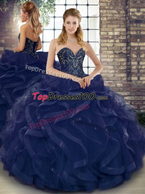 Navy Blue Ball Gowns Sweetheart Sleeveless Tulle Floor Length Lace Up Beading and Ruffles Quinceanera Gowns