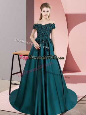 Ideal Teal Satin Zipper 15 Quinceanera Dress Sleeveless Floor Length Court Train Lace