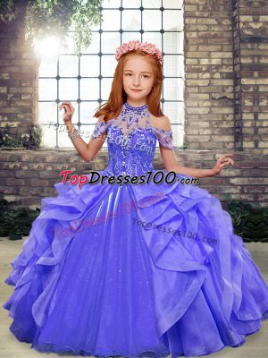 Floor Length Lace Up Pageant Gowns For Girls Blue for Party and Wedding Party with Beading and Ruffles