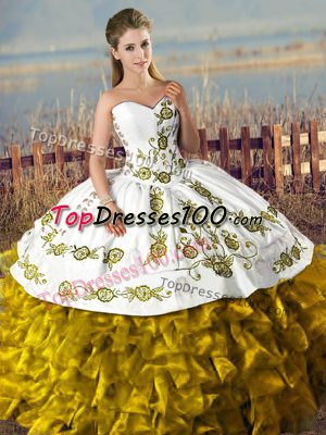 Smart Brown Satin and Organza Lace Up Quinceanera Dresses Sleeveless Floor Length Embroidery and Ruffles