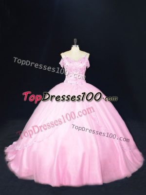 Baby Pink Sleeveless Court Train Beading Vestidos de Quinceanera