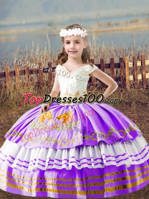Sleeveless Satin Floor Length Lace Up Girls Pageant Dresses in Lavender with Embroidery