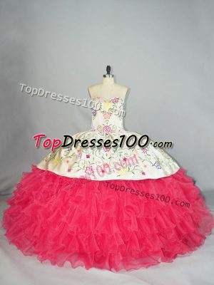 Captivating White And Red Sweetheart Lace Up Embroidery and Ruffles Vestidos de Quinceanera Sleeveless