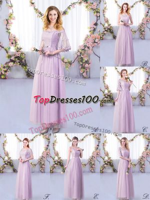 Exquisite Floor Length Lavender Bridesmaid Gown Off The Shoulder Half Sleeves Side Zipper