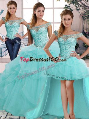 Beading and Ruffles Vestidos de Quinceanera Aqua Blue Lace Up Sleeveless Floor Length