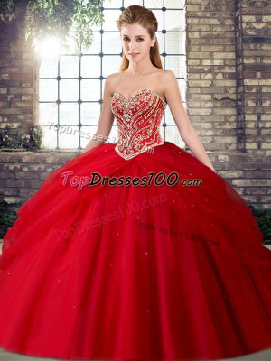 Red Quince Ball Gowns Military Ball and Sweet 16 and Quinceanera with Beading and Pick Ups Sweetheart Sleeveless Brush Train Lace Up