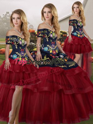 Wine Red Ball Gowns Embroidery and Ruffled Layers 15th Birthday Dress Lace Up Tulle Sleeveless