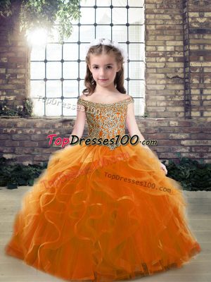 Custom Designed Floor Length Lace Up Child Pageant Dress Orange for Party and Military Ball and Wedding Party with Beading