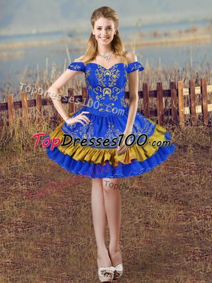 Royal Blue Lace Up Off The Shoulder Embroidery Winning Pageant Gowns Satin Sleeveless