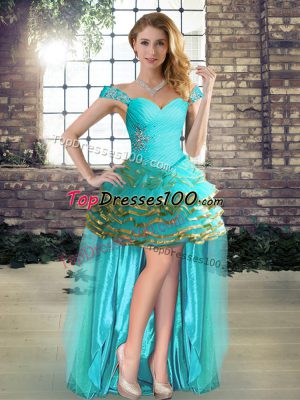 Aqua Blue A-line Beading and Ruffled Layers Prom Dress Lace Up Organza Sleeveless High Low