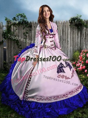 Fashionable Sweetheart Sleeveless Lace Up Ball Gown Prom Dress Blue And White Satin