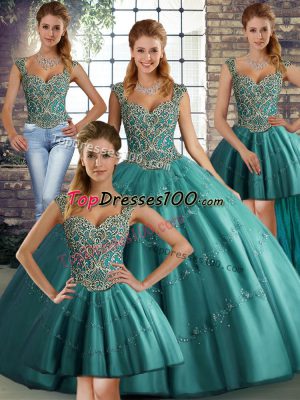Sleeveless Tulle Floor Length Lace Up Vestidos de Quinceanera in Teal with Beading and Appliques