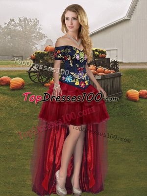 Modern Wine Red Off The Shoulder Lace Up Embroidery and Ruffled Layers Casual Dresses Sleeveless