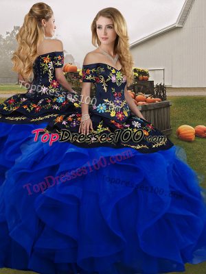 Blue And Black Tulle Lace Up Sweet 16 Dresses Sleeveless Floor Length Embroidery and Ruffles
