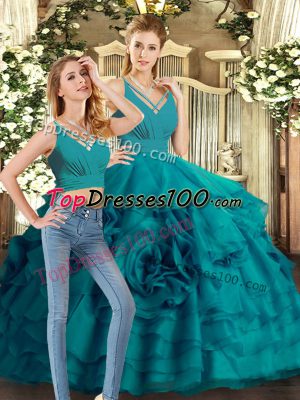 Teal V-neck Backless Ruffled Layers 15th Birthday Dress Sweep Train Sleeveless