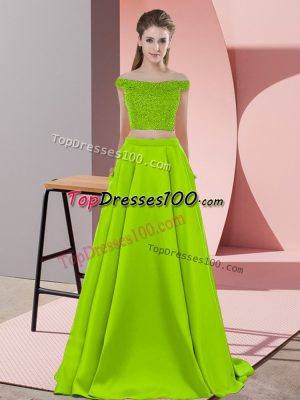 Glamorous Yellow Green Dress for Prom Elastic Woven Satin Sweep Train Sleeveless Beading