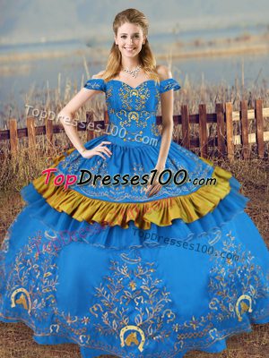 Floor Length Blue 15th Birthday Dress Satin Sleeveless Embroidery