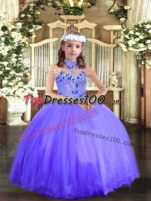 Blue Tulle Lace Up Halter Top Sleeveless Floor Length Pageant Dress Wholesale Appliques