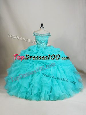Stylish Organza Off The Shoulder Sleeveless Lace Up Beading and Ruffles Quinceanera Gown in Aqua Blue