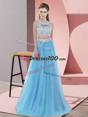 Amazing Floor Length Baby Blue Bridesmaid Dress Tulle Sleeveless Lace