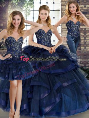 Pretty Floor Length Three Pieces Sleeveless Navy Blue Quince Ball Gowns Lace Up