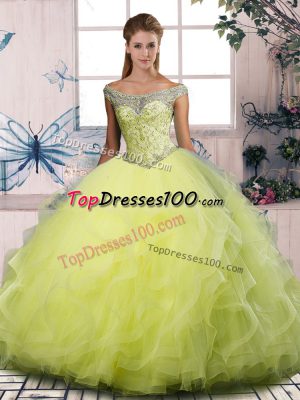 Fancy Yellow Green Sleeveless Beading and Ruffles Floor Length Sweet 16 Dress