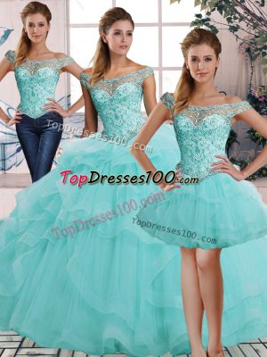 Free and Easy Beading and Ruffles Vestidos de Quinceanera Aqua Blue Lace Up Sleeveless Floor Length