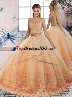 Sleeveless Lace Backless Quinceanera Dresses with Peach Sweep Train
