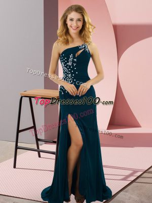 Modest Teal Prom Gown Prom and Party with Beading One Shoulder Sleeveless Sweep Train Lace Up