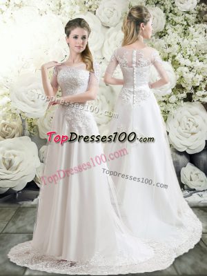 White Scoop Clasp Handle Lace Wedding Gown Brush Train Long Sleeves