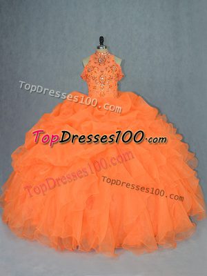 Floor Length Orange Quinceanera Gown High-neck Sleeveless Lace Up