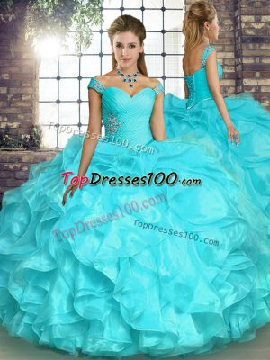 Clearance Organza Off The Shoulder Sleeveless Lace Up Beading and Ruffles Vestidos de Quinceanera in Aqua Blue