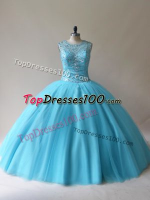 Modest Baby Blue Scoop Neckline Beading Quinceanera Dress Sleeveless Lace Up