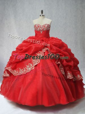 Red Ball Gowns Appliques and Pick Ups Quince Ball Gowns Lace Up Organza Sleeveless Floor Length