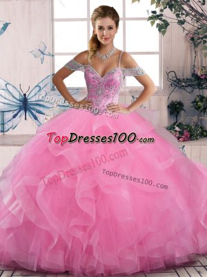Classical Floor Length Ball Gowns Sleeveless Rose Pink Vestidos de Quinceanera Lace Up