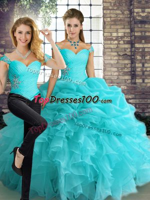Edgy Aqua Blue Two Pieces Beading and Ruffles and Pick Ups 15th Birthday Dress Lace Up Organza Sleeveless Floor Length