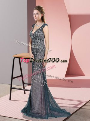 Edgy V-neck Sleeveless Tulle Juniors Evening Dress Beading Sweep Train Zipper