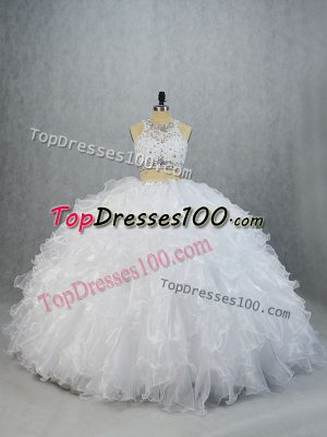 Lace Up Quinceanera Gowns White for Sweet 16 and Quinceanera with Beading and Ruffles Brush Train