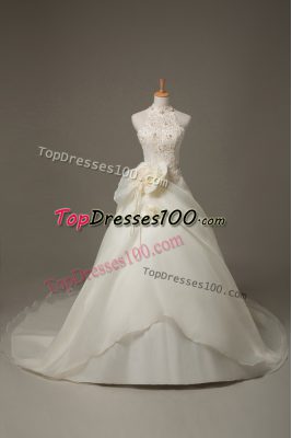 Court Train Ball Gowns Wedding Dresses White High-neck Organza Sleeveless Zipper