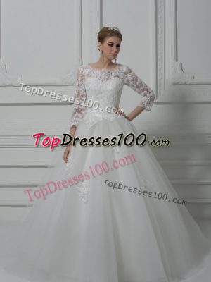 Hot Selling White Scoop Neckline Beading and Lace Wedding Gown 3 4 Length Sleeve Lace Up