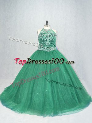Green Lace Up Scoop Beading Quinceanera Dress Tulle Sleeveless Brush Train